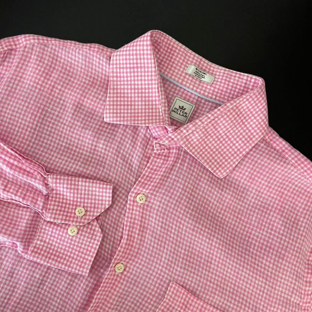 Peter Millar Linen Shirt Mens 16.5 Long Pink Check Button Up Long Sleeve Classic
